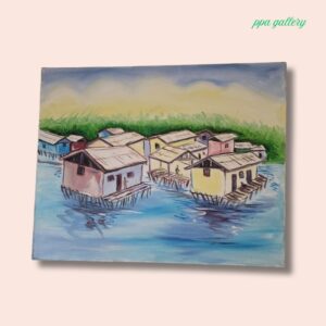 Village on river - Oil on canvas - 16 by 12 inches